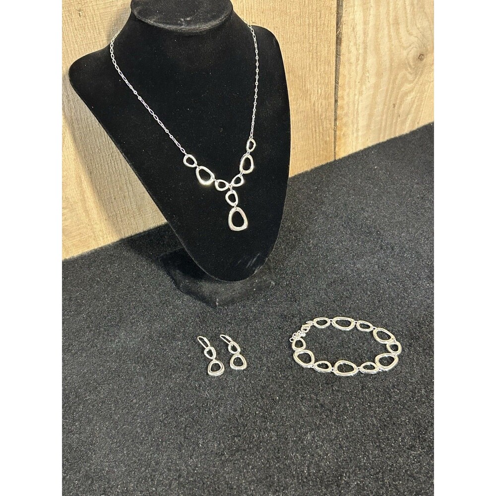 SAQ Jewelry Set Necklace, Bracelet And Pierced Earrings Shiny Silver Tone J128